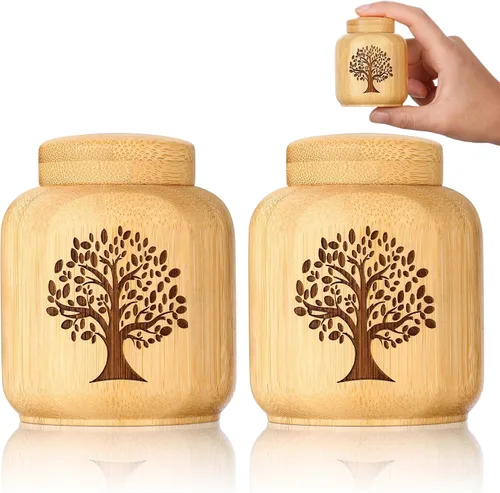 Miniatura 10 de Pequeños Juegos de Urnas para Cenizas Humanas, Conjunto de 1, Mini Urnas para Cenizas Hechas de Bambú con Patrón de Árbol de la Vida Grabado, Mini