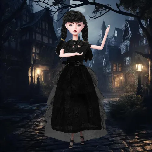 Miniatura 4 de Muñeca para niñas en caja de regalo con vestido negro, muñeca de 11.5 pulgadas, tacones altos, cabello negro, regalo para fanáticos