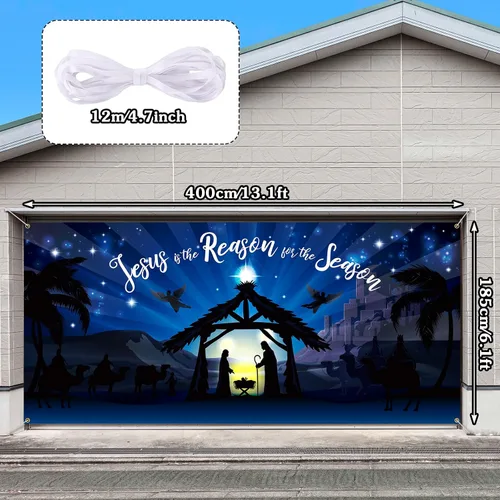 Miniatura 2 de Qeeenar Decoraciones Navideñas para Puerta de Garaje Establo de la Natividad Cubierta de Puerta de Garaje 6 x 13 pies Pesebre para Escena