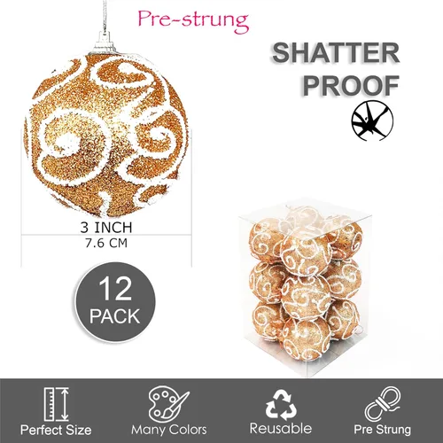 Miniatura 2 de Allgala Paquete de 12 bolas de adorno para árbol de Navidad de 3 pulgadas, bolas de espuma decoradas con purpurina, bolas de Navidad grandes, oro