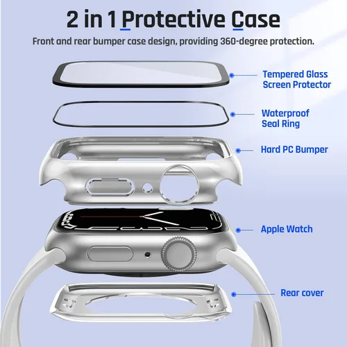 Miniatura 8 de Goton Funda impermeable 2 en 1 para Apple Watch Series 9, 8, 7, protector de pantalla de 1.772 pulgadas, cubierta protectora de vidrio 360, Plateado