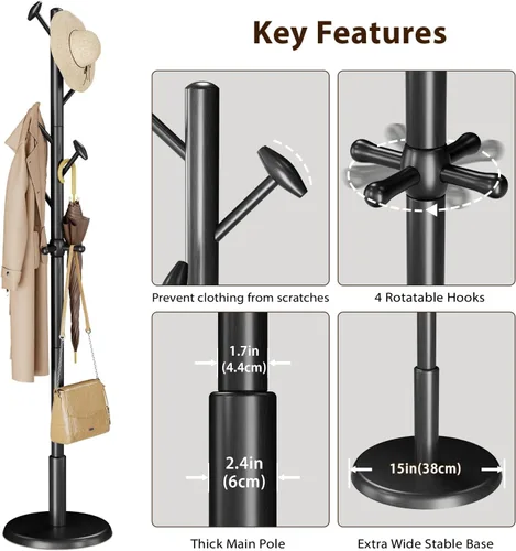 Miniatura 4 de Taitiy Perchero de madera maciza independiente con 10 ganchos para dormitorio, sala de estar, entrada, soporte resistente para sombreros, abrigos