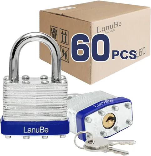 Miniatura 13 de LanuBe Candado laminado con llave, 1-9/16 pulgadas (40 mm), candados con llave iguales, grillete normal, aro de plástico azul marcado, paquete de 2