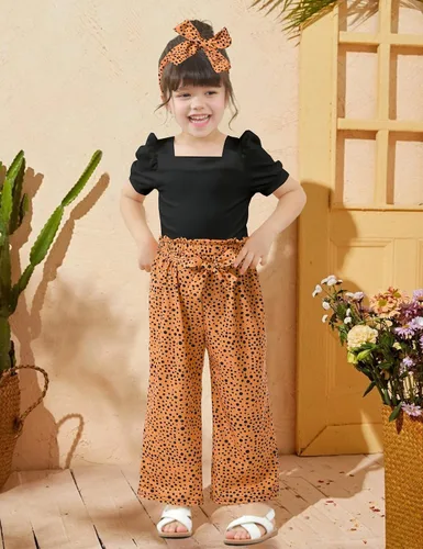 Miniatura 19 de DONWEN Conjunto de 3 piezas de ropa para niñas pequeñas y niñas con cuello cuadrado + pantalones elegantes + diadema para primavera y verano