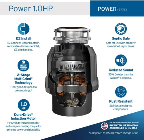 Miniatura 2 de InSinkErator Power - Eliminador de basura de 1 HP, serie Power EZ Connect, triturador de residuos de alimentos de alimentación continua, color negro