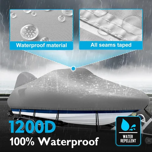 Miniatura 3 de Funda Impermeable 1200D para Barco con Cubierta para Motor, Lona Marina Teñida en Solución Cubierta Remolcable para Barco de 16-18.5 pies para Gris