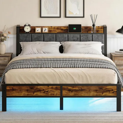 Miniatura 10 de Liians Base de cama LED de tamaño matrimonial con estación de carga y cabecera de almacenamiento, plataforma de metal, no necesita somier, fácil