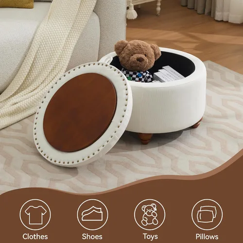 Miniatura 6 de WUTUTUEE Otomana redonda de almacenamiento de 24 pulgadas con bandeja, mesa de café circular tapizada moderna con almacenamiento, otomana tapizada