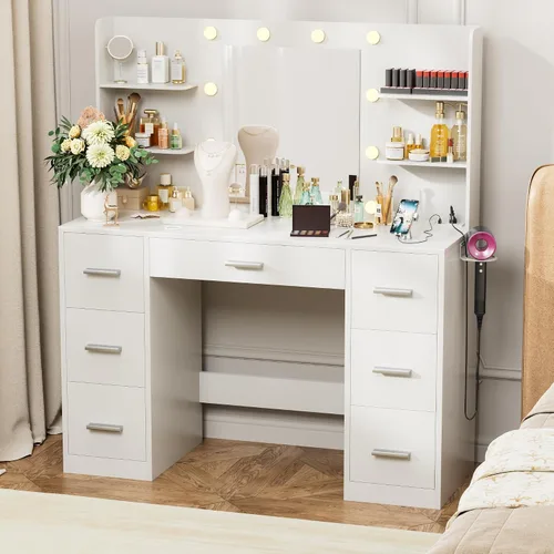 Miniatura 10 de VICTONE Escritorio de tocador con espejo iluminado LED y toma de corriente, 3 modelos de luces, mesa de tocador de maquillaje con 7 cajones y 6