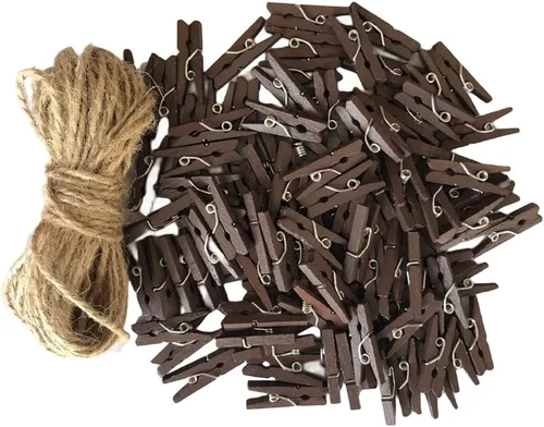Miniatura 10 de Alfileres de ropa en miniatura para manualidades, adornos de decoración de Navidad, clips pequeños con cordel de yute rosa, paquete de 100