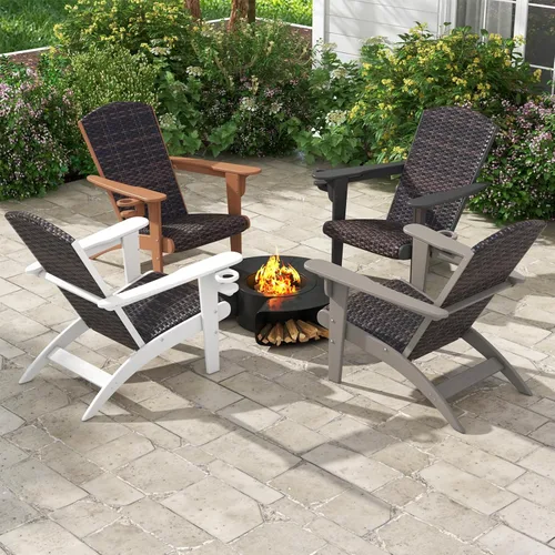 Miniatura 5 de Tangkula Silla Adirondack de mimbre para patio, silla de descanso de polietileno de alta densidad con asiento y respaldo acolchados de ratán