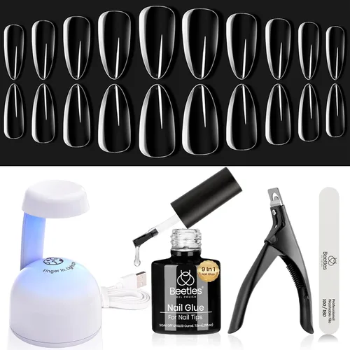 Miniatura 23 de Beetles Puntas de uñas de gel, set de extensión de uñas suaves 504 piezas, 12 tamaños, puntas de uñas cortas de almendra transparentes pre-dadas