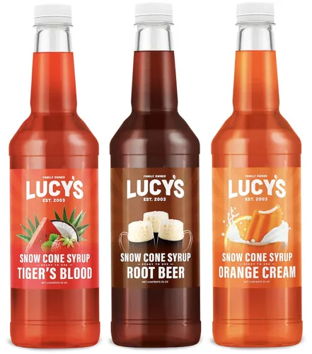 Lucy's Family Owned Shaved Ice - Jarabes de cono de nieve, sangre de tigre, cerveza de raíz, crema de naranja, botellas de jarabe de 32 onzas