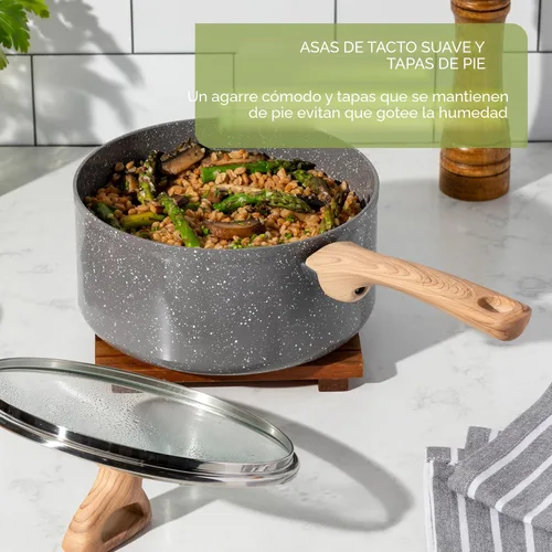 Miniatura 8 de Juegos de utensilios de cocina T-fal Revive de cerámica, juego de ollas y sartenes antiadherentes, (12 piezas), recubierto de cerámica Gris Stone