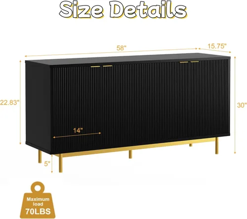 Miniatura 2 de Vipbear Aparador con almacenamiento, mesa consola de madera de 58 pulgadas con 4 puertas acanaladas y estantes ajustables, decoración moderna