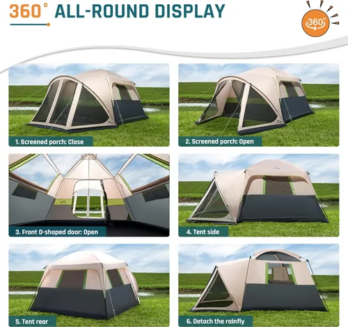 Miniatura 4 de Tents for Camping 6/8/10 Person Camping Tent with Screen Porch, Weatherproof Large Cabin Tent with Rainfly and Carry Bag, Family Tent for Outdoor
