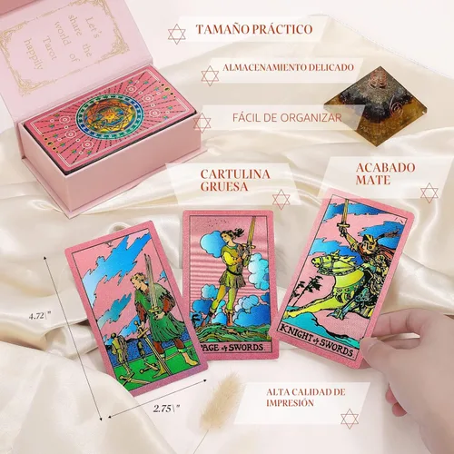 Miniatura 6 de Tarjetas de tarot para principiantes, cartas de tarot rosas con libro guía lámina dorada con significados en ellos, 78 cartas de tarot clásicas