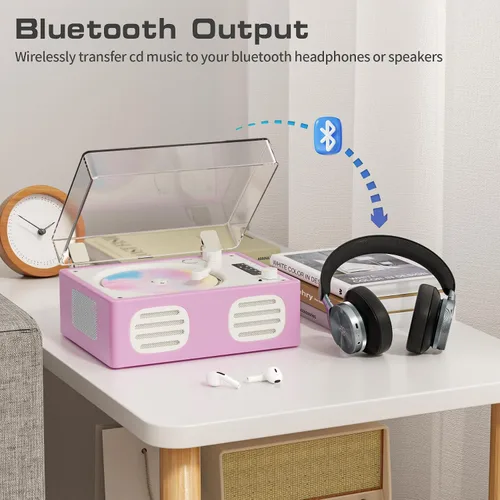 Miniatura 2 de Reproductor de CD portátil de entrada/salida Bluetooth, reproductor de CD retro con altavoces de alta fidelidad, lindos reproductores de CD
