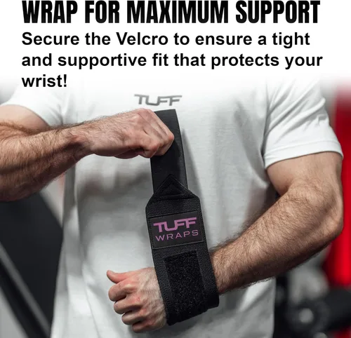 Miniatura 4 de Muñequeras TuffWraps de 16": sin presillas para el pulgar, muñequeras de gimnasio de calidad para levantamiento de pesas, press de banca, Negro/Rosa