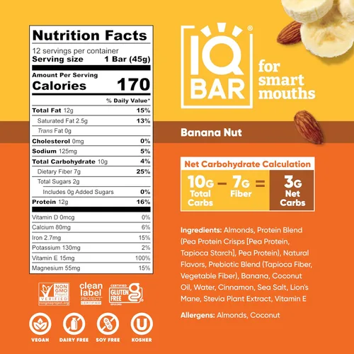 Miniatura 7 de IQBAR - Barras de proteínas para el cerebro y el cuerpo a base de plantas - Banana y nuez - 24 unidades - Keto, veganas, bajas en carbohidratos