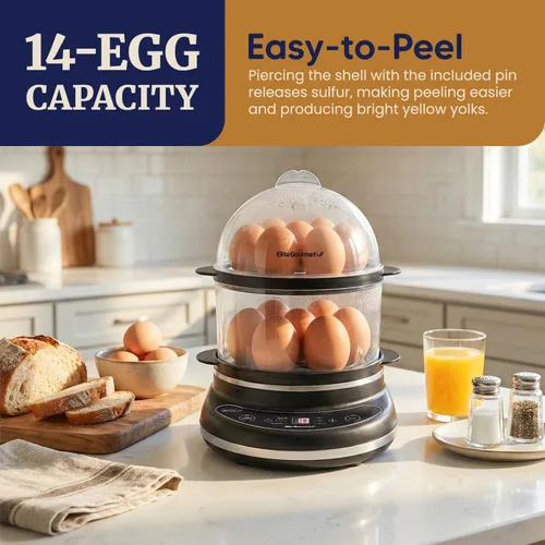 Miniatura 2 de Elite Gourmet EGC314CB - Cocedor de huevos digital fácil, vaporizador de alimentos, escalfador, huevo blando, medio, duro con 6 funciones Carbón