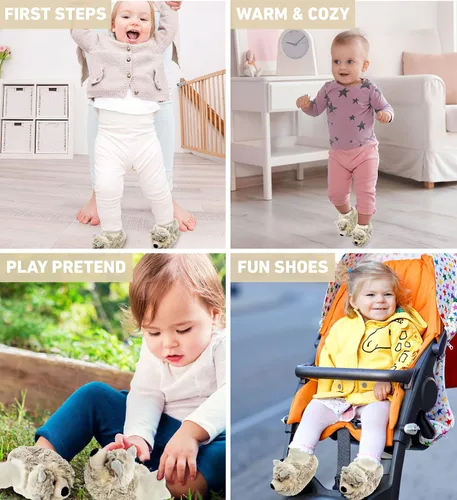 Miniatura 4 de DolliBu - Zapatos de bebé de felpa suave de lobo gris Suave y esponjoso forro polar unisex con lobo de peluche para bebé niño o niña Pantuflas