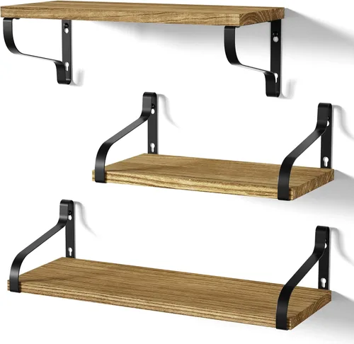Miniatura 13 de Love-KANKEI Estantes flotantes montados en la pared de madera rústica, juego de 3 estantes para dormitorio, sala de estar, baño, cocina, color negro