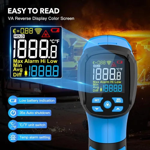 Miniatura 4 de Termómetro infrarrojo pistola de temperatura, -40℉ a 2192℉ Termómetro de alta temperatura láser dual con pantalla LCD a color, pirómetro industrial