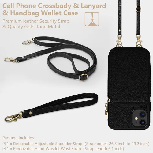 Miniatura 7 de Funda para iPhone 11 de 6.1 pulgadas, cartera cruzada con cremallera y ranuras para tarjetas de bloqueo RFID, soporte de soporte, cordón desmontable