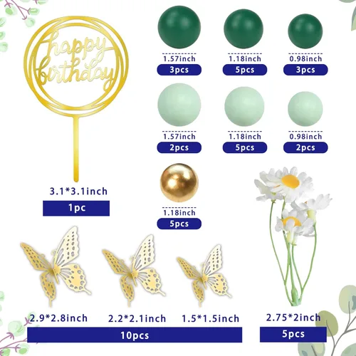 Miniatura 2 de 41 piezas de bolas verdes para decoración de pastel de mariposa, decoración de pastel de feliz cumpleaños para bodas, suministros de cumpleaños