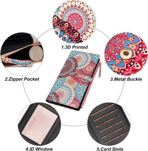 Miniatura 37 de Billeteras delgadas para mujer, tarjetero RFID plegable con bolsillo con cremallera, Mandala azul, Delgado