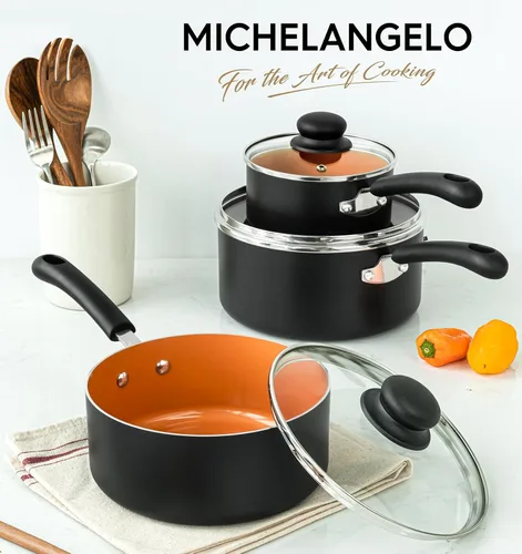 Miniatura 7 de MICHELANGELO Cacerola antiadherente con tapa de 1QT, 2QT y 3QT, juego de cacerolas de cerámica, cacerolas de cobre, cacerola no tóxica, juego