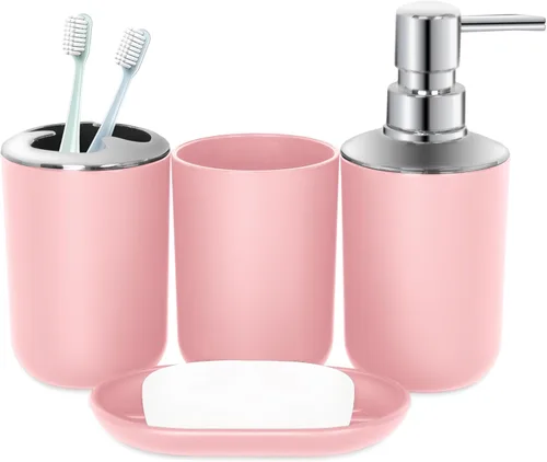 Miniatura 8 de Juego de 2 accesorios de baño rosa, accesorios de baño rosas, dispensador de jabón de plástico y soporte para cepillo de dientes, decoración de baño