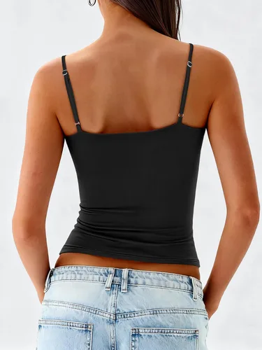 Miniatura 4 de ANRABESS Camisetas sin mangas para mujer con cuello cuadrado, tirantes delgados ajustables, camisetas de doble forro, camisetas básicas de verano