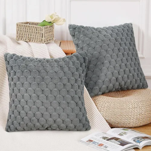 Merrycolor Juego de 2 fundas de almohada de piel sintética de 18 x 18 pulgadas, fundas de almohada suaves y esponjosas de color gris, fundas de