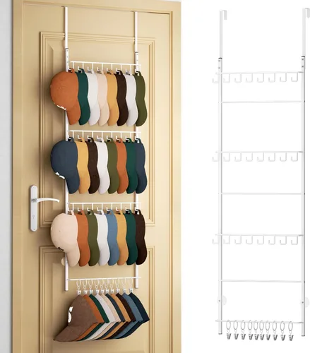 Miniatura 17 de HapiRm Perchero para Puerta - Organizador de Sombreros de 3 Niveles Montado en la Pared con 16 Ganchos y 10 Clips Móviles, Organizador de Sombreros