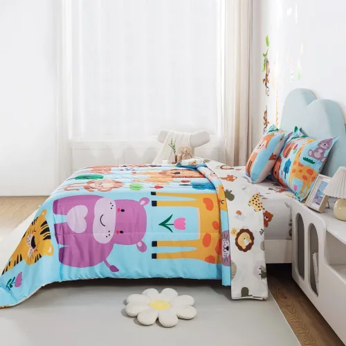Miniatura 8 de lishjekee Juego de edredón de 6 piezas con diseño de animales de la selva para niños, juego de ropa de cama en una bolsa para niños y niñas