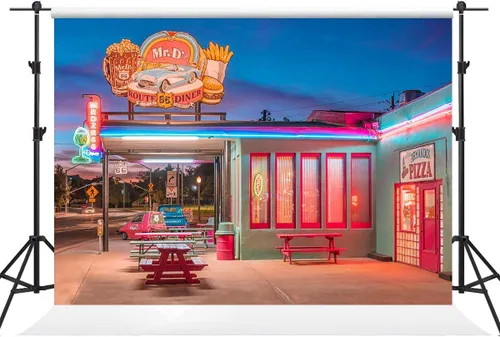 Miniatura 3 de Telón de fondo retro para restaurante de 10 x 7 pies, ruta 66, tienda de conveniencia, luces de neón de calle, fondo nostálgico, de los años 50