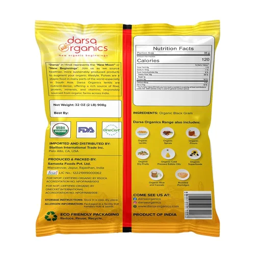 Miniatura 2 de Darsa Organics Split Urad Dal (Chilka) 2 libras - Lentejas orgánicas negras con piel - Lentejas ricas en proteínas sin OMG con certificación USDA