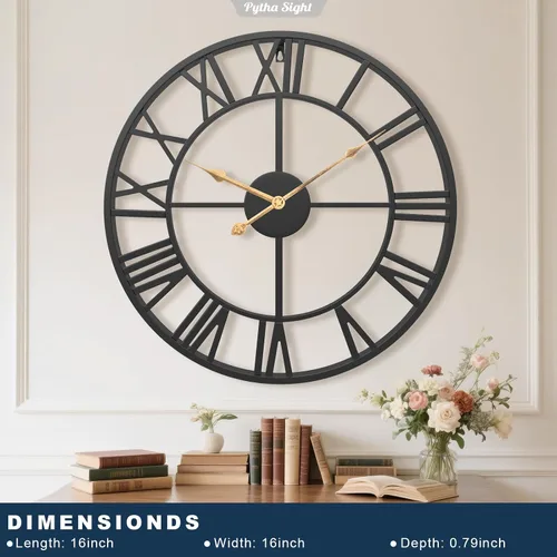 Miniatura 2 de Pytha Sight - Reloj de pared grande para sala de estar, de 16 pulgadas, moderno, industrial, decorativo, de metal, silencioso, funciona con Negro