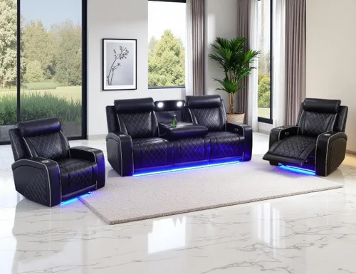 Miniatura 20 de Juego de Sofá Reclinable Eléctrico, Juego de Sofá y Sillón Reclinable de Cuero Negro, Juegos de Muebles de Sala de Estar, Sofá de Dos Plazas