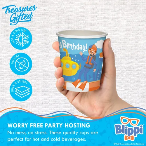 Miniatura 3 de Treasures Gifted Vehículo de tazas Blippi con licencia oficial de 16 unidades - 9 onzas - Suministros para fiesta de cumpleaños Blippi