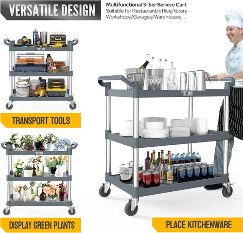 Miniatura 4 de TUFFIOM Carrito de servicio de plástico con ruedas, resistente capacidad de 450 libras, enrollado comercial de 3 niveles, ideal para restaurante