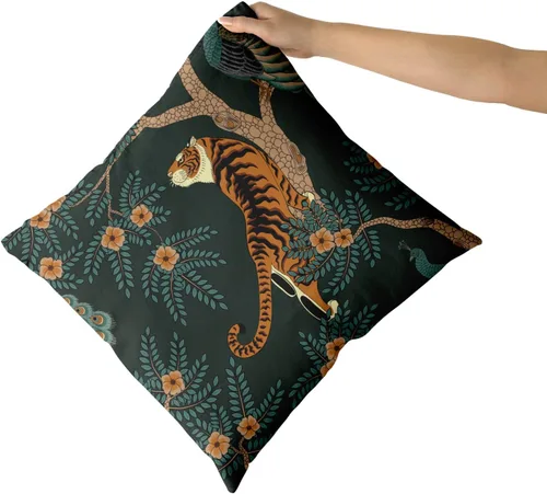 Miniatura 3 de Juego de 2 fundas de almohada de tigre, de algodón, con diseño de animales de bosque de pavo real, decorativas, para dormitorio, sofá, sala