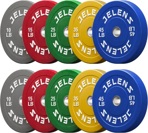 Miniatura 18 de Juego de Placas de Peso para Barra Olímpica JELENS, Juego de Pesos de Goma de 2 Pulgadas Negro/Colorido para Entrenamiento de Fuerza y Levantamiento