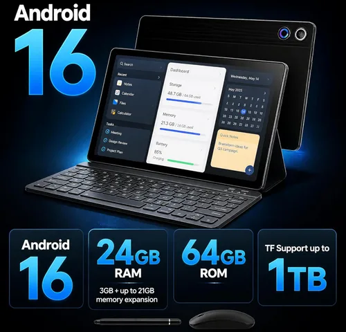 Miniatura 4 de Jeazans Tablet Android 16 de 10.1 pulgadas, paquete de tableta 2 en 1 con teclado, mouse inalámbrico, lápiz capacitivo, funda de cuero, cámara