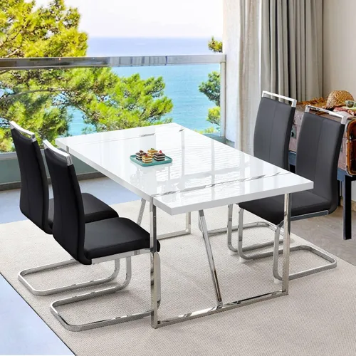 Miniatura 18 de Mesa de comedor Ebullient para 4, mesa de comedor rectangular negra de MDF, tapa de mesa de cena de mármol falso, mesa de comedor moderna con marco