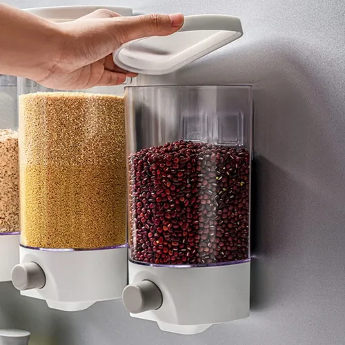 Miniatura 4 de Kichvoe Tarro de almacenamiento montado en la pared 1.5L dispensador de grano transparente para cocina ahorro de espacio organizador de alimentos a