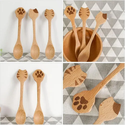 Miniatura 7 de iplusmile Juego de 2 cucharas de madera para gatos, utensilios de cocina ergonómicos de 5.51 pulgadas para ensalada de arroz y sopa, diseño de mango