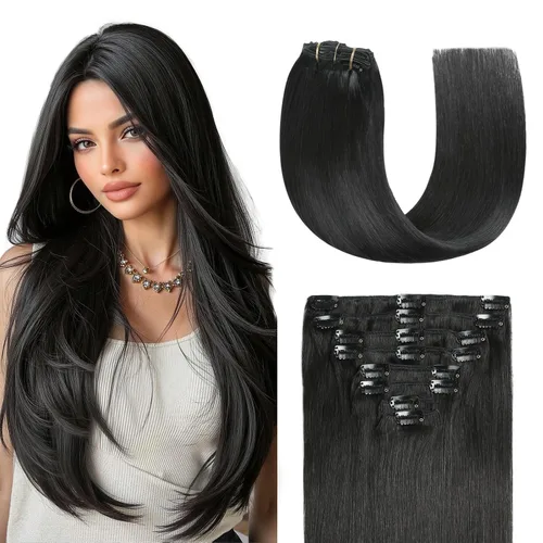 Sunya Extensiones de cabello humano real con clip, color negro azabache, doble trama, lacio, 12 pulgadas, #1, 8 unidades, 3.53 oz